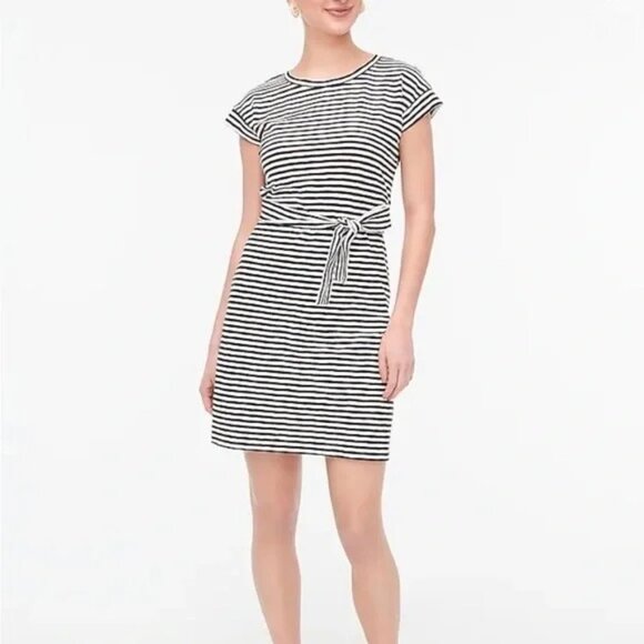 J. Crew Striped Casual Blue Red Cotton Tie Waist Nautical Preppy Shirt Dress LG - Picture 1 of 15
